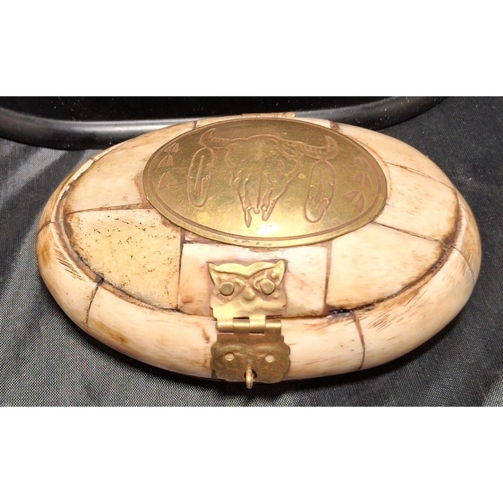 Vintage Camel Bone Trinket Box Brass Buffalo Skull Owl Latch Purple Velvet India